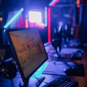 A modern gaming setup with neon lights and high-quality equipment.